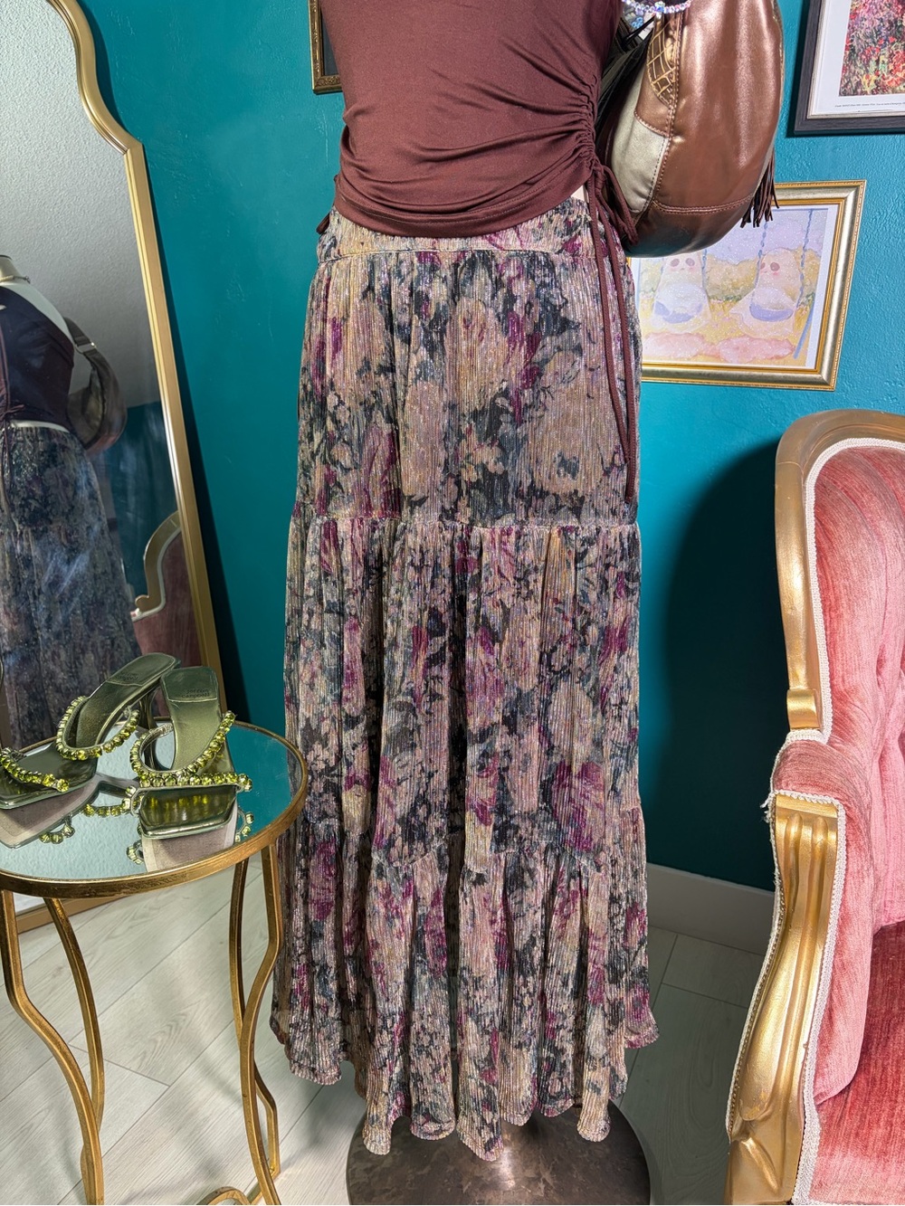 LC Lauren Conrad Metallic Floral Pleated Maxi Skirt Roma Gyaru Size XS